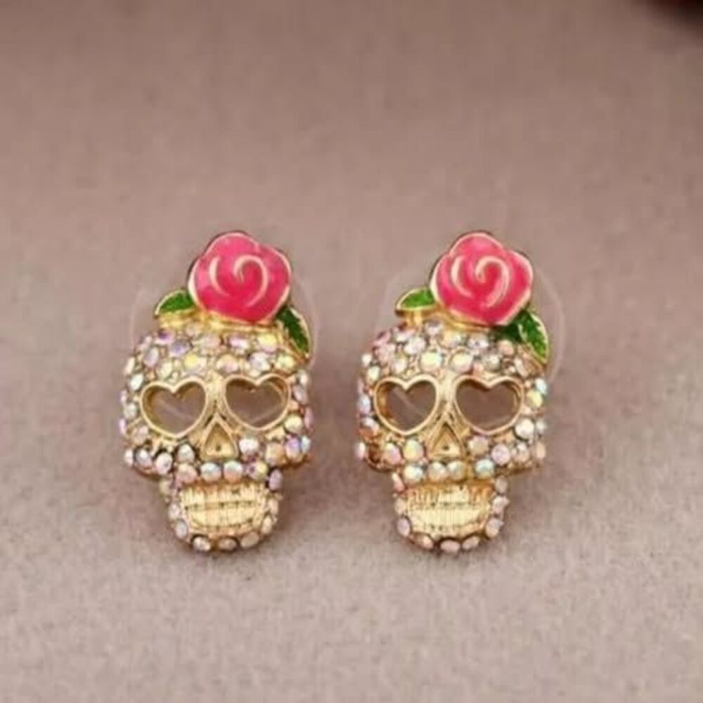 Skull Gold Rhinestone Stud Earrings with Rose